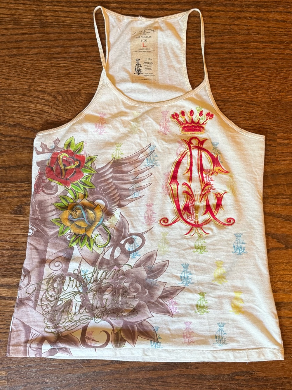 Christian Audigier White Girls' Graphic Tank with Crown & Rose Motif